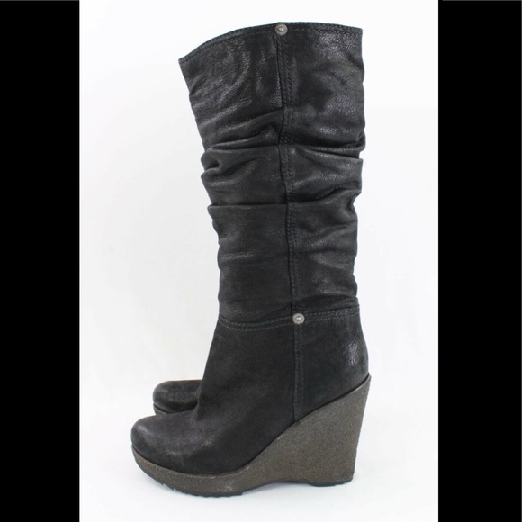 Prada Luxe Authentic Black Oiled Leather Ruched Wedge Knee High Boots Sz 39 US 9 - Picture 3 of 5